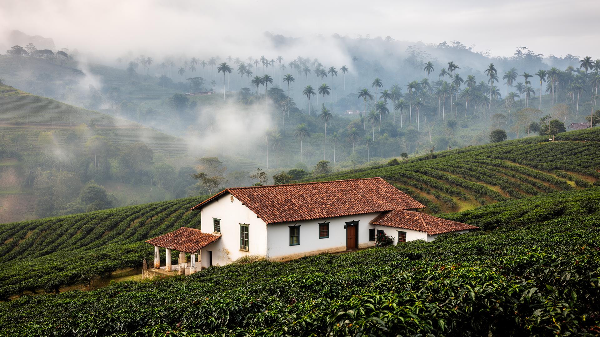 Misty Colombian coffee region with whitewashed hacienda