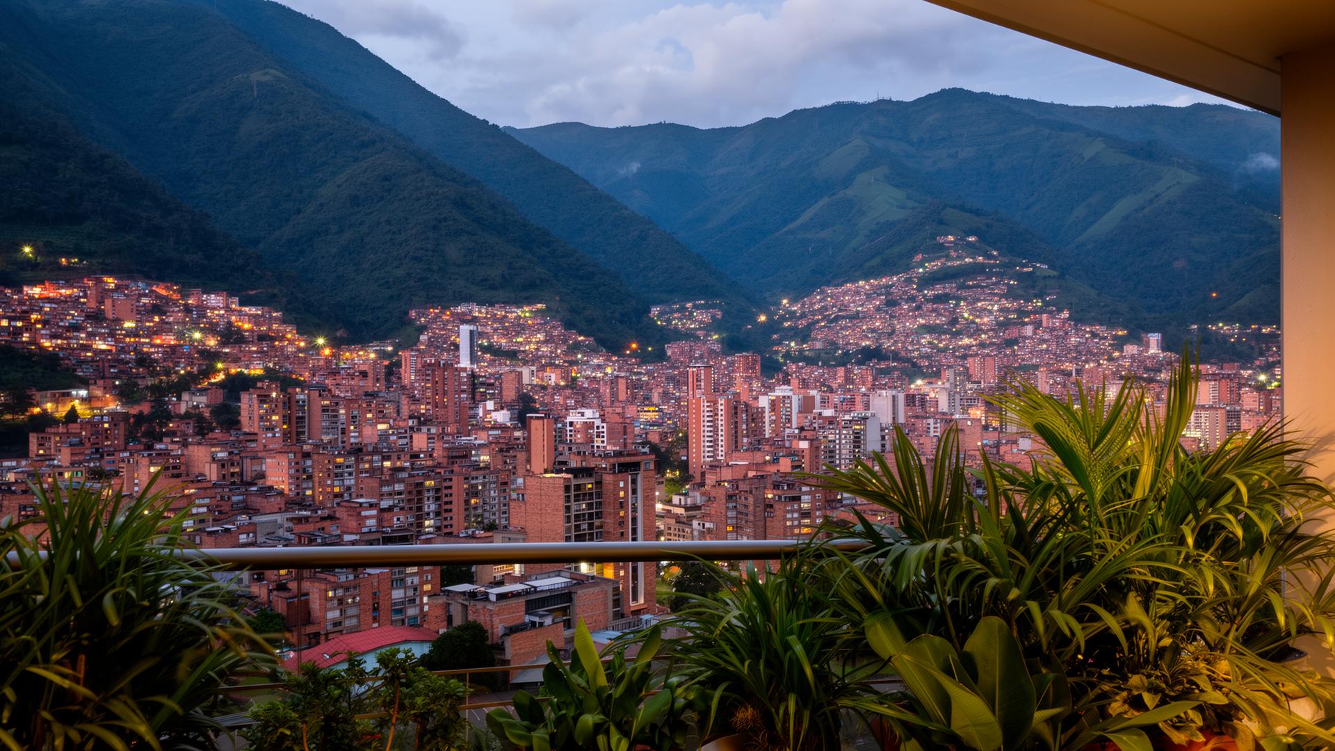 Medellín at dusk framed by Andean mountains